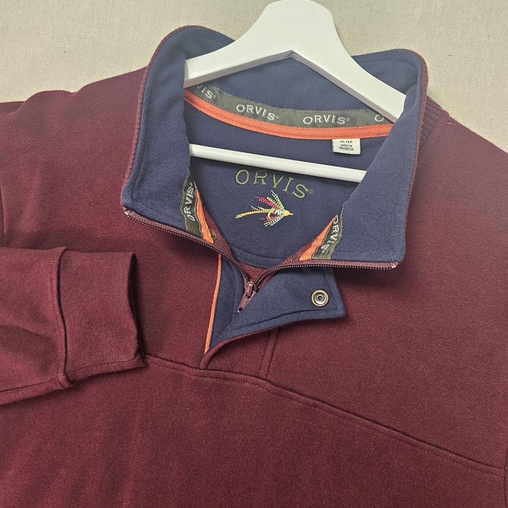 Orvis Men's XL Maroon Quarter Zip Snap Pullover Fleece Outdoor Sweatshirt 615914
